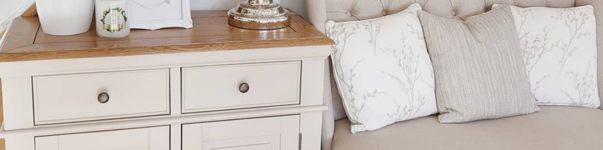 Rustic oak and light grey painted small sideboard in hallway