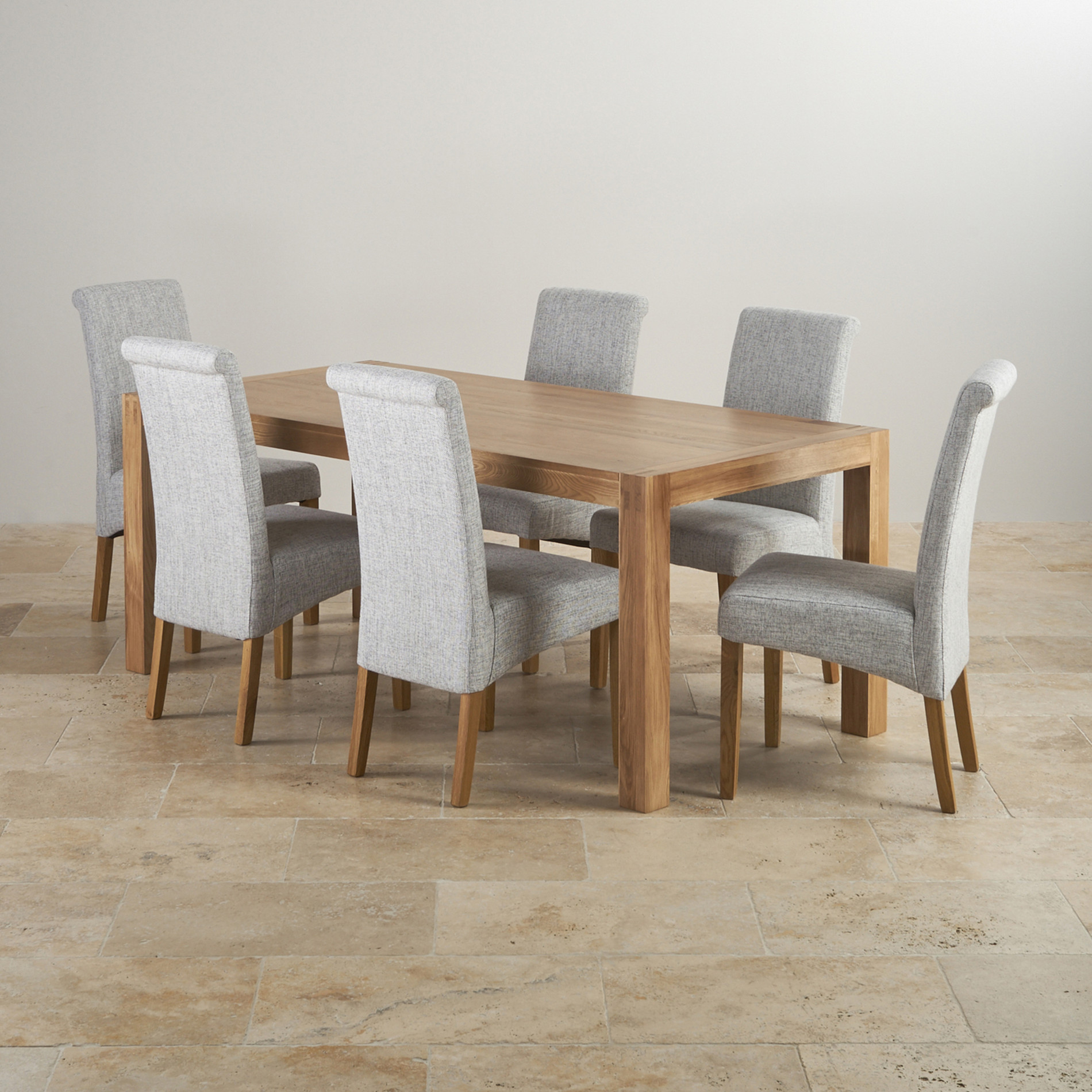 Alto Solid Oak 6ft Dining Table With 6 Grey Fabric Chairs