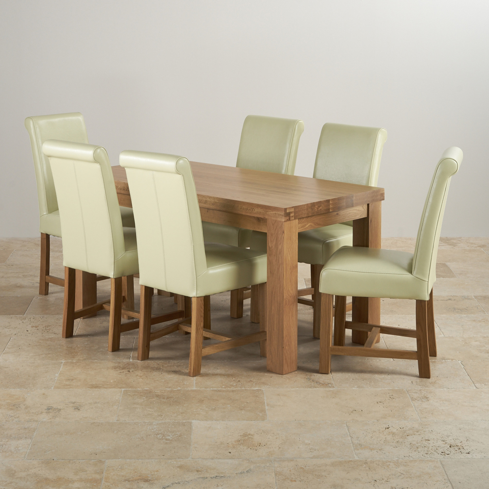 Contemporary Dining Set in Oak: Table + 6 Cream Leather Chairs