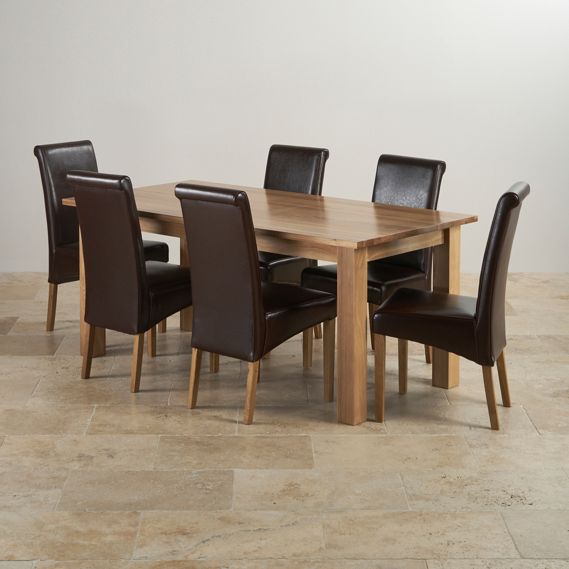 Contemporary Dining Set In Natural Oak 6ft Table 6 Chairs   Contemporary Natural Solid Oak Dining Set  6ft Table With 6 Scroll Back Brown Leather Chairs 574ebf999f7b6 