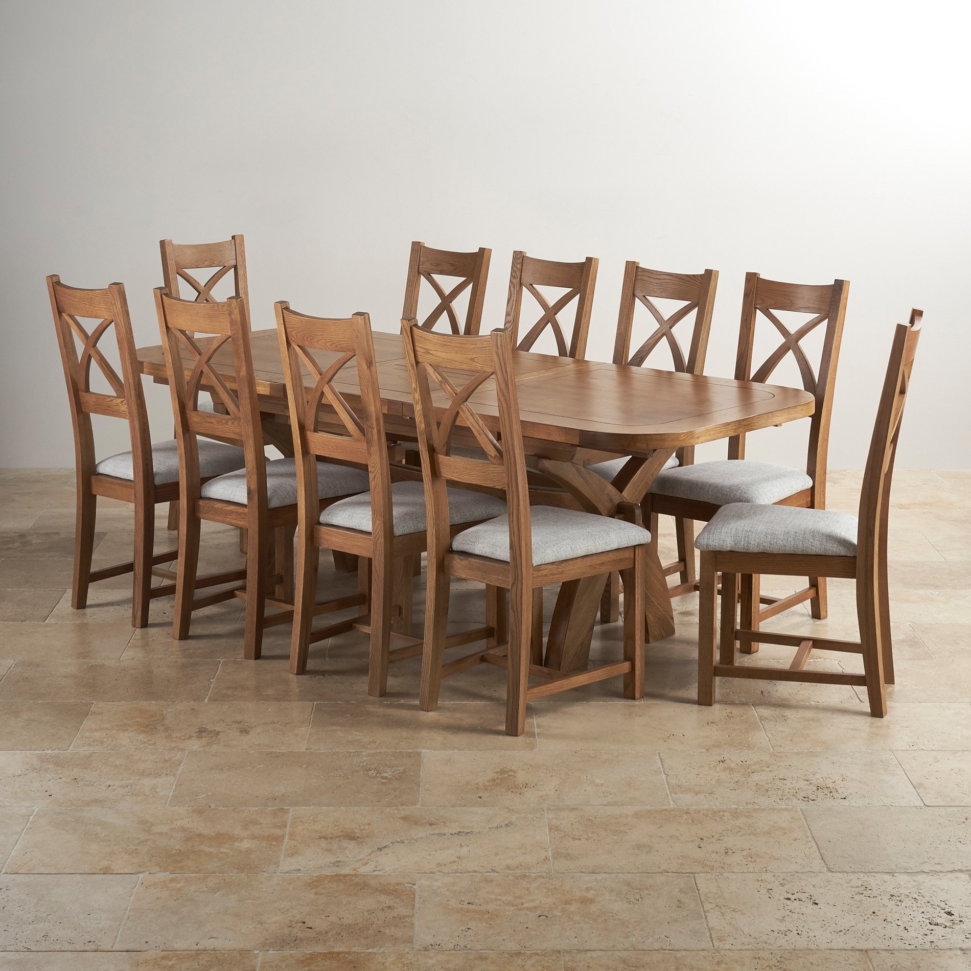 hercules 6ft rustic solid oak extending crossed leg dining table + 10 cross back grey fabric chairs 58e64a775621d