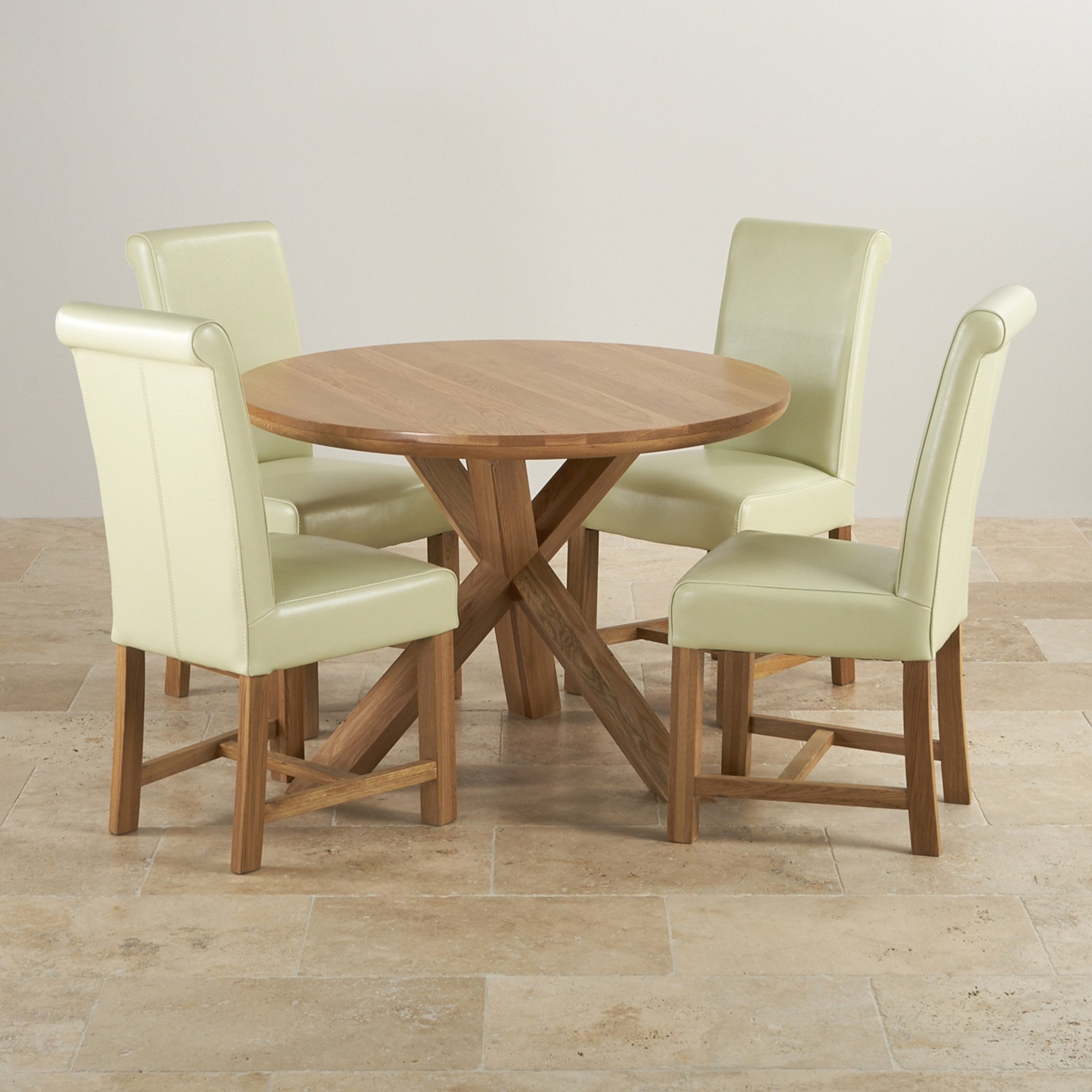 Natural Oak Round Dining Set Table 4 Cream Leather Chairs