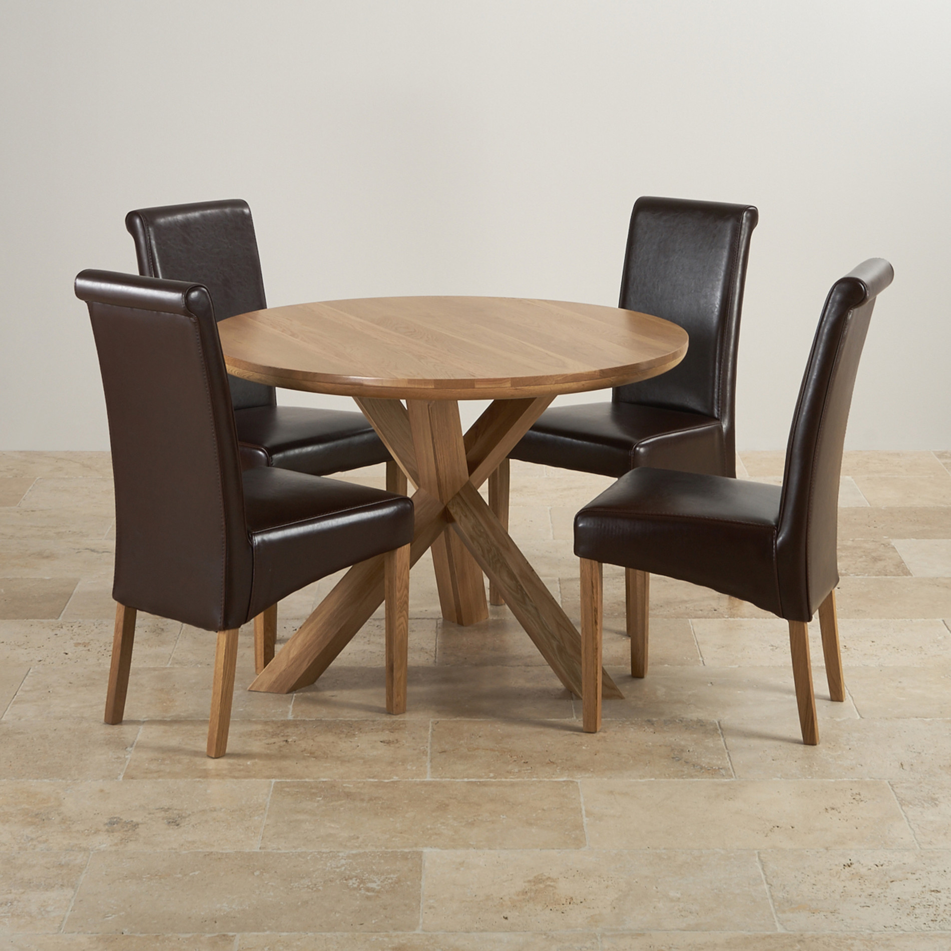 Natural Real Oak Dining Set Round Table 4 Brown Leather Chairs