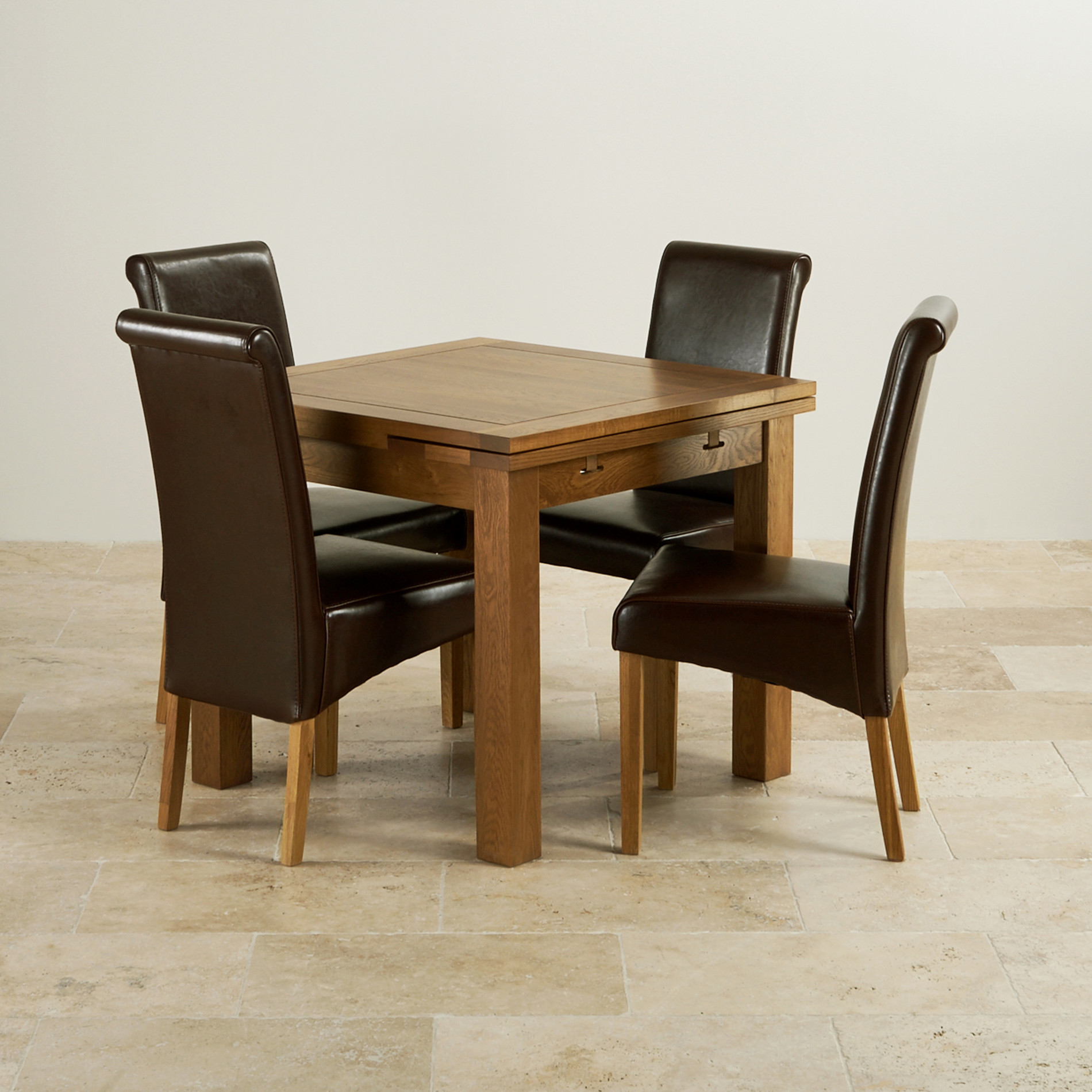 Rustic Oak Extending Dining Set - 3ft Table + 4 Leather Chairs