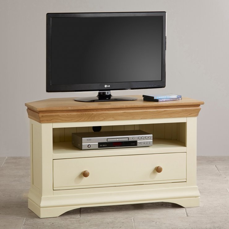 Country Cottage Natural Oak Corner TV Cabinet - Cream Painted