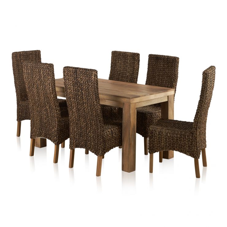 Mantis Light Natural Solid Mango Dining Set 5ft Table With 6 High Back Grass Chairs