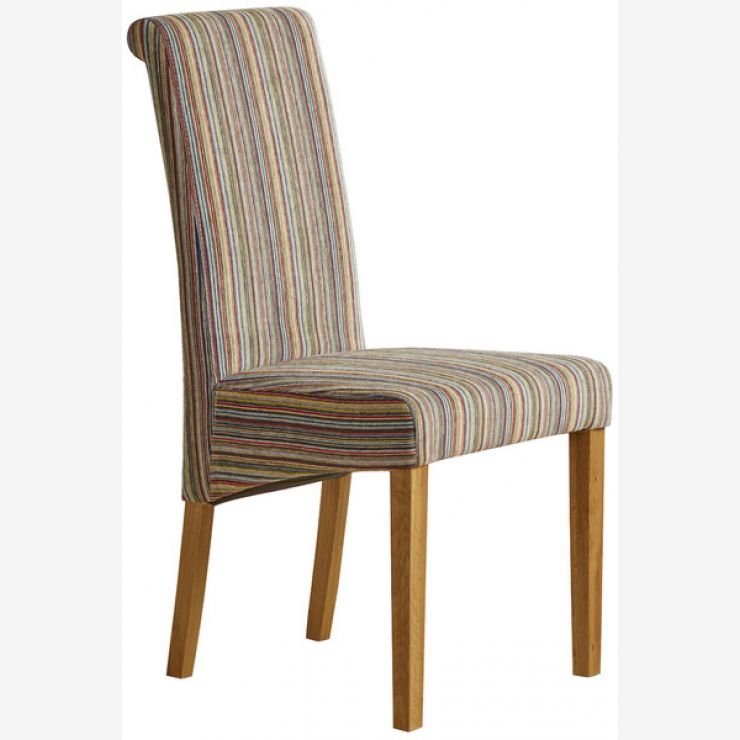 Scroll Back Striped Multi Coloured Fabric Chair With Solid Oak Legs