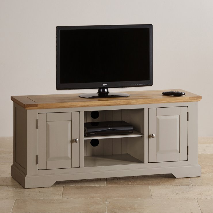 St Ives Grey TV Unit with Brushed Oak Top Oak Furniture Land