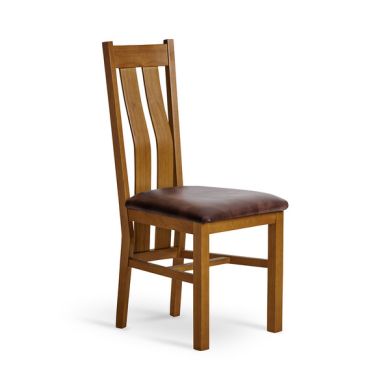 Arched Back Rustic Solid Oak Chair with Vintage Brown Leather Look Fabric Seat