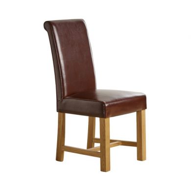 Braced Scroll Back Chair - Brown Leather with Solid Oak Legs 