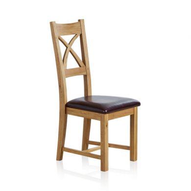 Cross Back Natural Solid Oak Dining Chair with Brown Leather Chair Pad