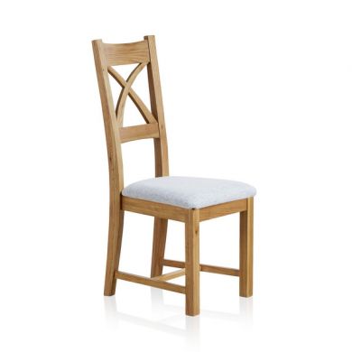 Cross Back Natural Solid Oak Dining Chair with Plain Grey Fabric Chair Pad