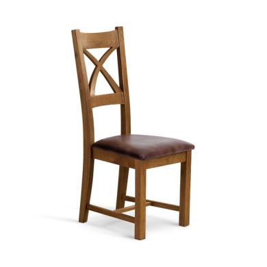 Cross Back Rustic Solid Oak Chair with Vintage Brown Leather Look Fabric Seat