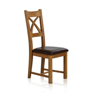 Cross Back Rustic Solid Oak Dining Chair with Brown Leather Chair Pad