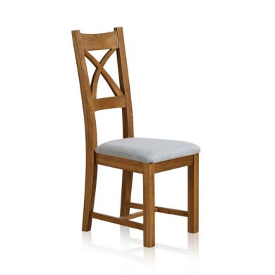 Cross Back Rustic Solid Oak Dining Chair with Plain Grey Fabric Chair Pad