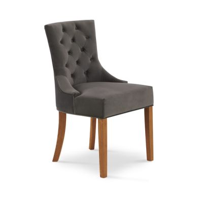 Isobel Button Back Chair in Storm Grey Velvet with Natural Oak Legs