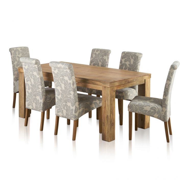 Mantis Light Natural Solid Mango 6ft X 3ft Dining Table 6 Patterned Grey Fabric Scroll Back Chairs