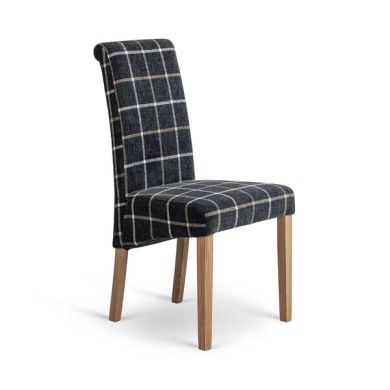 Scroll Back Chair in Checked Slate with Oak Legs