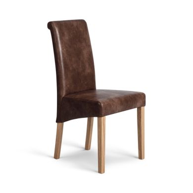 Scroll Back Chair in Vintage Brown Leather Look Fabric with Oak Legs