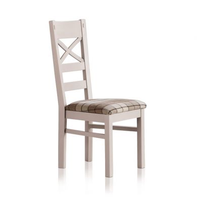 Shay Rustic Solid Oak and Painted and Brown Checked Fabric Dining Chair