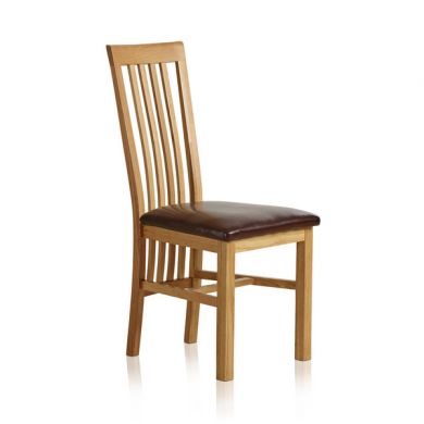 Solid Oak High Slat Back and Brown Leather Dining Chair