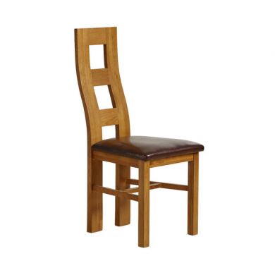 Wave Back Rustic Solid Oak Dining Chair Frame + Chair Pad - Brown Leather