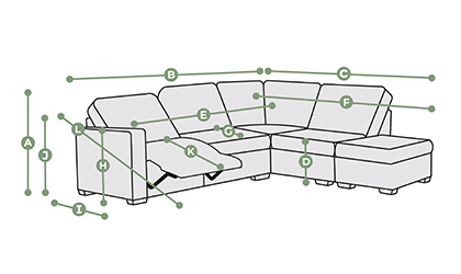 Cassius Corner Electric Recliner, Storage Chaise and Power Headrests Dimensions