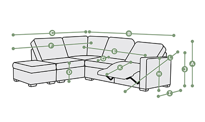 Cassius Corner Electric Recliner, Storage Chaise and Power Headrests Dimensions