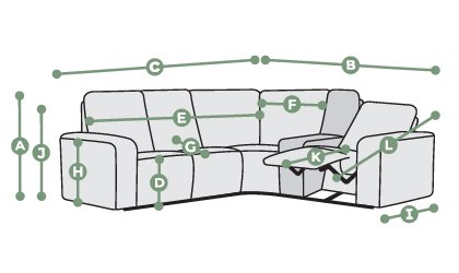 Juno Left Hand Corner Recliner, Power Headrest & Wireless Charger Dimensions