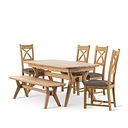 Bentley Natural Oak Extending Dining Table And 4 Cross Back Chairs with Plain Charcoal Seat Pads and 1 Bentley Bench