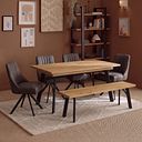 Cambridge Natural Solid Oak Rectangle Dining Table with 1 Cam Bench and 4 Mia Chairs in Cedar Fabric