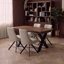 Camford Walnut Stained Solid Oak Boat Dining Table with 4 Mia Chairs in Champagne Fabric