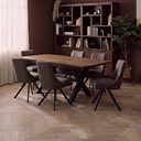 Camford Walnut Stained Solid Oak Boat Dining Table with 6 Mia Chairs in Cedar Fabric
