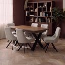 Camford Walnut Stained Solid Oak Boat Dining Table with 6 Mia Chairs in Champagne Fabric