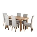 Canterbury Natural Solid Oak Extending Table and 6 Scroll Back Plain Grey Fabric Chairs