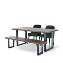 Detroit Hardwood and Metal Dining Table + 2 Bette Chairs in Bottle Green Velvet with 1 Detroit Bench