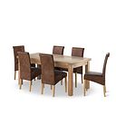 Dorset 6ft Natural Oak Extending Dining Table + 6 Scroll Back Chairs in Vintage Brown Leather Look Fabric with Oak Legs