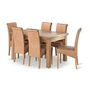 Dorset Natural Oak 4ft 7" Extending Dining Table + 6 Scroll Back Chairs in Vintage Tan Leather Look Fabric with Oak Legs