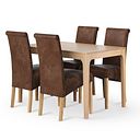 Durham Natural Oak Dining Table + 4 Scroll Back Chair in Vintage Brown Leather Look Fabric with Oak Legs