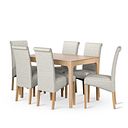 Durham Natural Oak Dining Table + 6 Scroll Back Chairs in Plain Grey Fabric with Solid Oak Legs