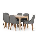 Durham Natural Oak Dining Table + 6 Bette Upholstered Chairs in Grey Fabric