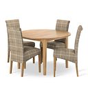 Durham Natural Oak Round Dining Table 120cm + 4 Scroll Back Chair in Checked Beige Fabric with Oak Legs
