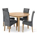 Durham Natural Oak Round Dining Table 120cm + 4 Scroll Back Chair in Vintage Black Leather Look Fabric with Oak Legs