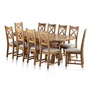 Hercules Natural Oak Extending Dining Table + 10 Cross Back Natural Oak Chairs with Plain Grey Fabric Seat