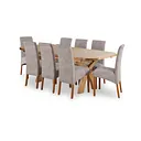 Hercules Natural Oak Extending Dining Table + 8 Scroll Back Chairs in Dappled Beige Fabric with Solid Oak Legs