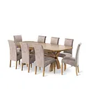 Hercules Natural Oak Extending Dining Table + 8 Scroll Back Chairs in Heritage Mink Velvet with Oak Legs
