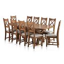 Hercules Rustic Oak Extending Dining Table + 10 Cross Back Rustic Oak Chairs with Plain Grey Fabric Seat