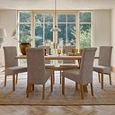 Highworth Natural Solid Oak Dining Table + 6 Scroll Back Chairs in Dappled Beige Fabric