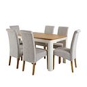 Hove Natural Oak and Painted Extending Dining Table and 6 Scroll Back Plain Grey Fabric Chairs