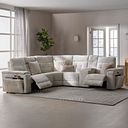 Juno Left Hand Corner Electric Recliner Sofa With Wireless Charging Console and Power Headrests in Koto Turtle Dove Fabric
